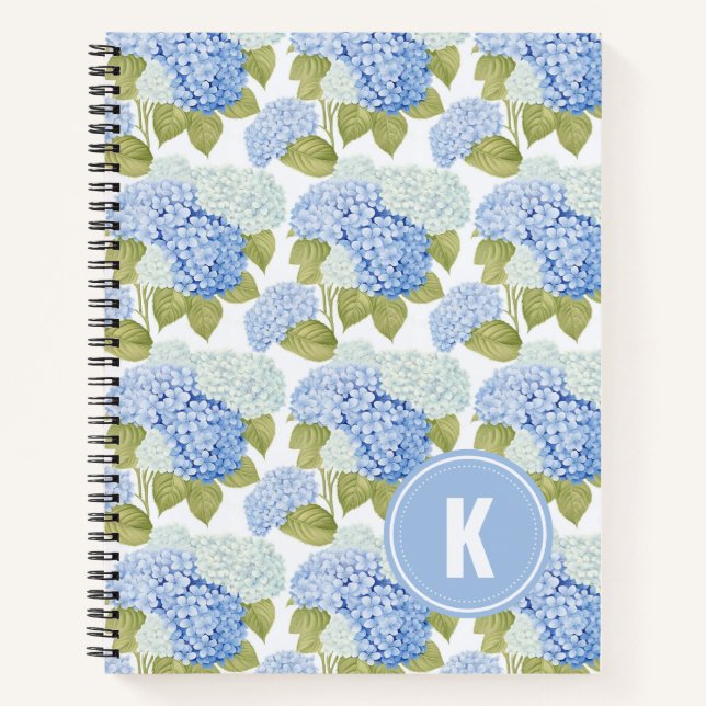 Elegant Blue Hydragea Flowers Pattern Monogram Notebook (Front)