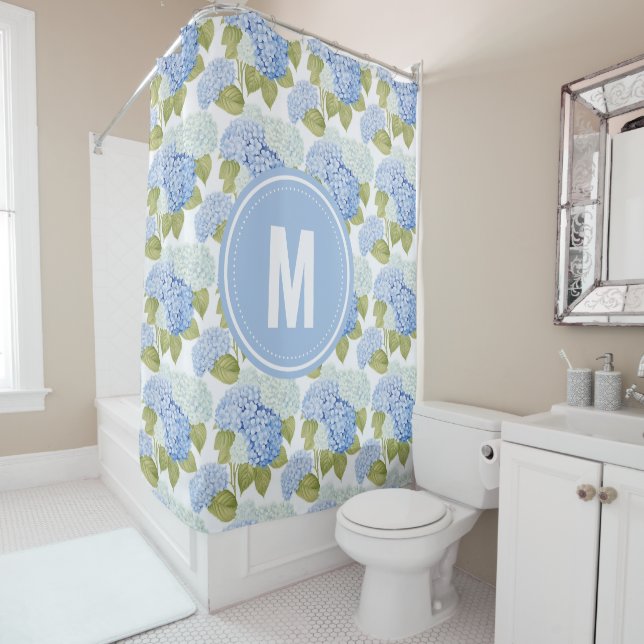 Elegant Blue Hydragea Flowers Pattern Monogram Shower Curtain (In Situ)