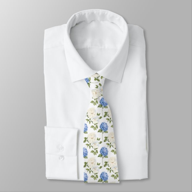 Elegant Blue Hydragea Flowers Pattern  Tie (Tied)