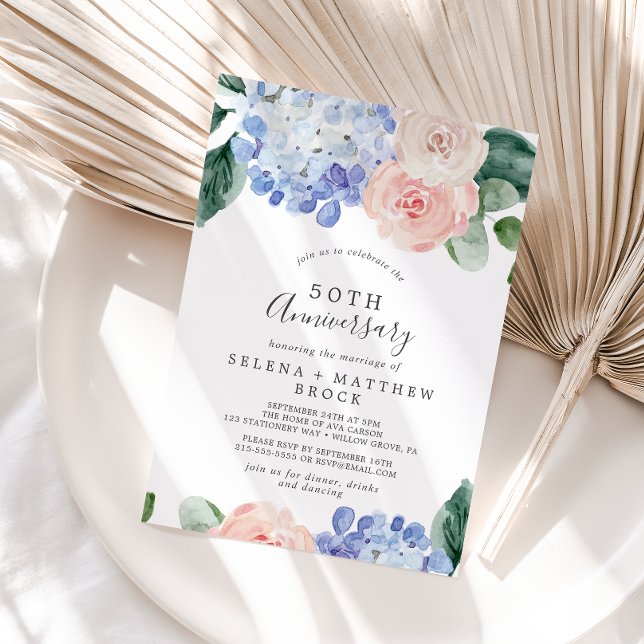 Elegant Blue Hydrangea 50th Wedding Anniversary Invitation (Creator Uploaded)