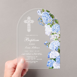 Elegant Blue Hydrangea Arch Baptism Acrylic Invitations