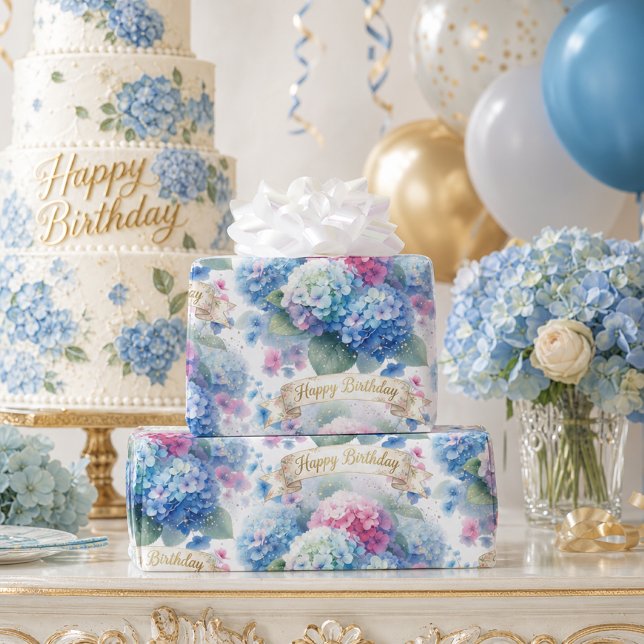 Elegant Blue Hydrangea Birthday Celebration Wrapping Paper (Creator Uploaded)