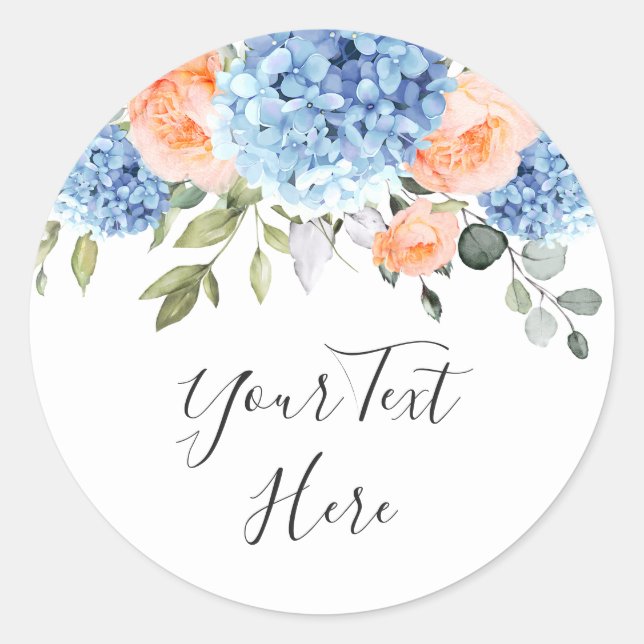 Elegant Blue Hydrangea Blush Pink Roses Classic Round Sticker (Front)