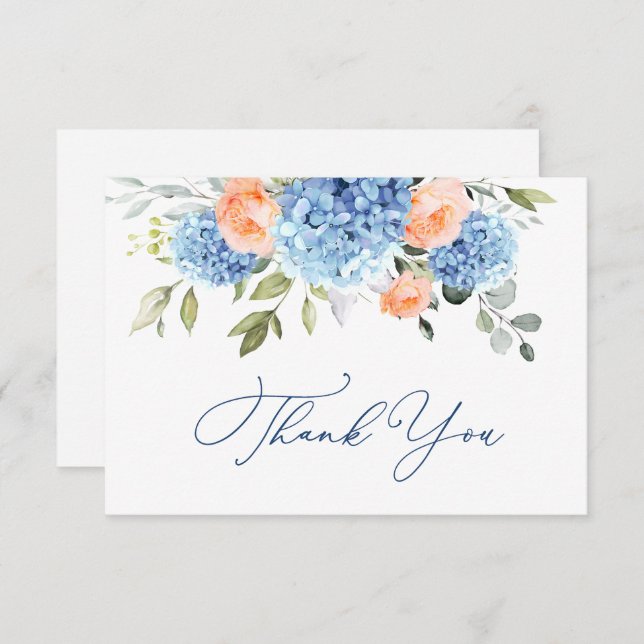 Elegant Blue Hydrangea Blush Pink Roses Flowers Thank You Card (Front/Back)