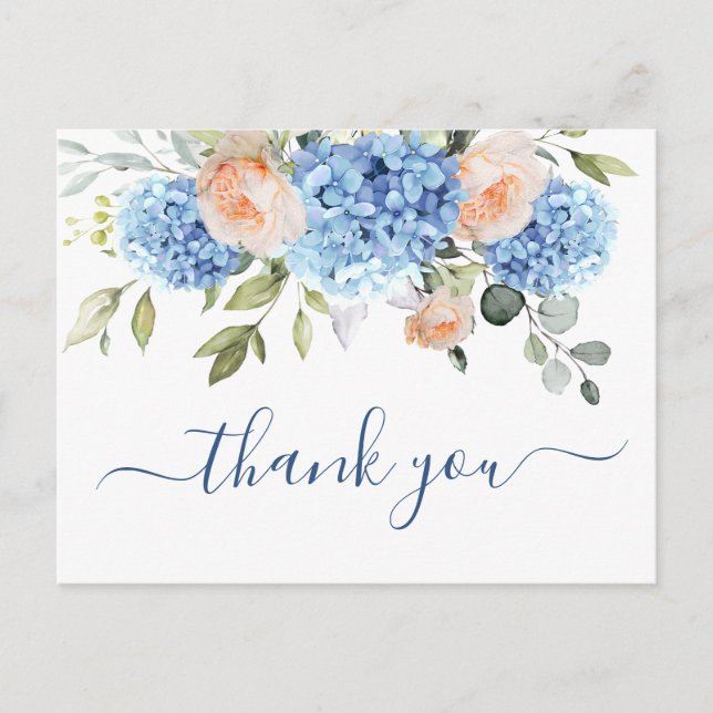 Elegant Blue Hydrangea Blush Pink Roses Thank You Postcard (Front)
