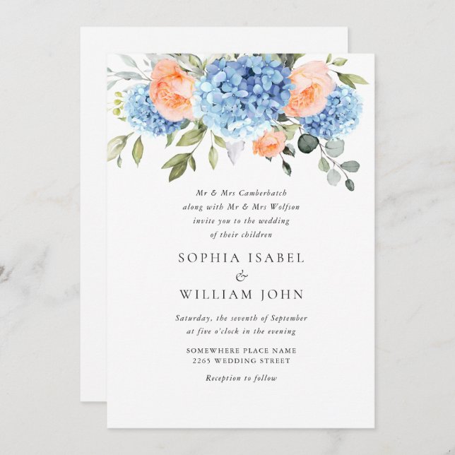Elegant Blue Hydrangea Blush Pink Roses Wedding Invitation (Front/Back)
