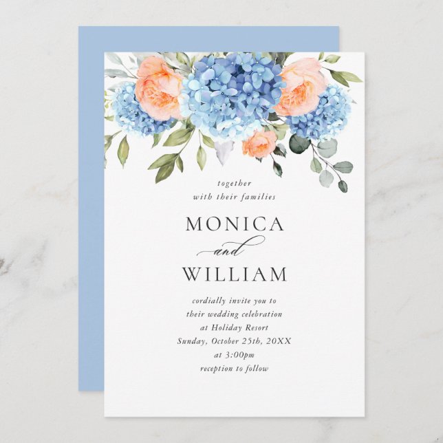 Elegant Blue Hydrangea Blush Pink Roses Wedding Invitation (Front/Back)