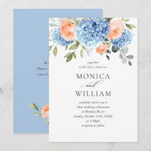 Elegant Blue Hydrangea Blush Pink Roses Wedding Invitation