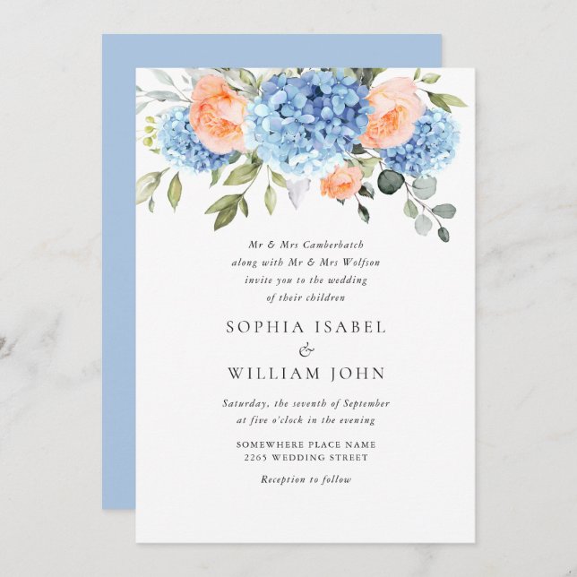 Elegant Blue Hydrangea Blush Pink Roses Wedding Invitation (Front/Back)