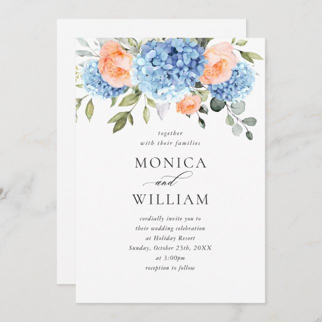 Elegant Blue Hydrangea Blush Pink Roses Wedding Invitation (Front/Back)