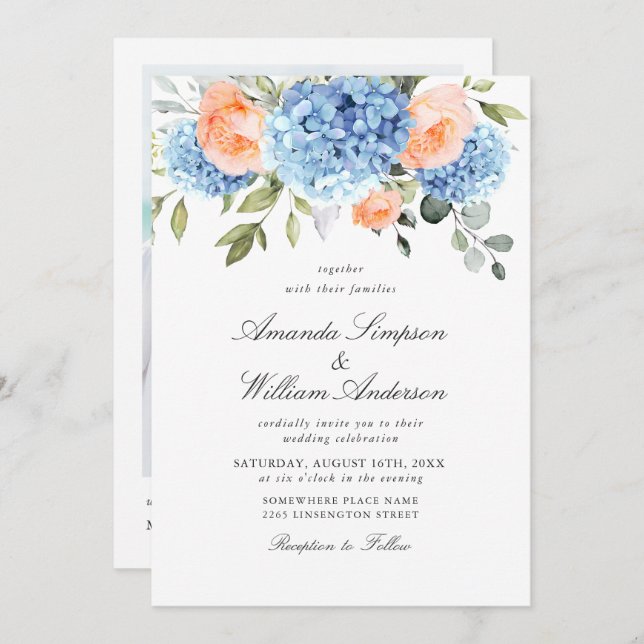 Elegant Blue Hydrangea Blush Pink Roses Wedding Invitation (Front/Back)