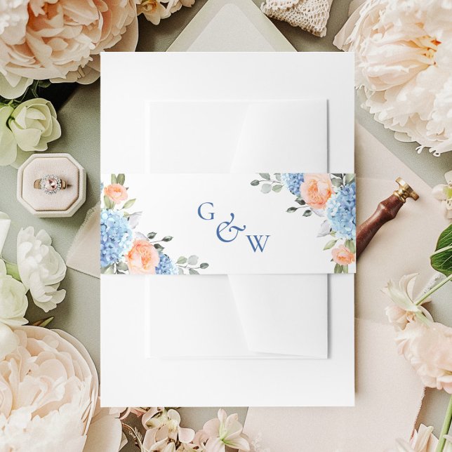 Elegant Blue Hydrangea Blush Pink Roses Wedding Invitation Belly Band (Creator Uploaded)