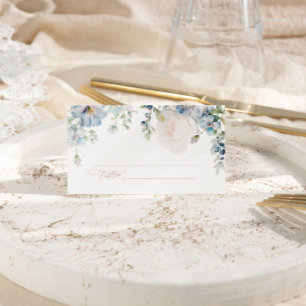 Elegant Blue Hydrangea & Blush Rose Wedding Place Card