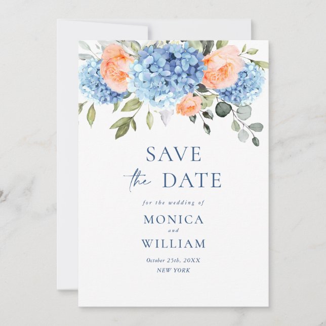 Elegant Blue Hydrangea Blush Roses Floral Wedding Save The Date (Front)