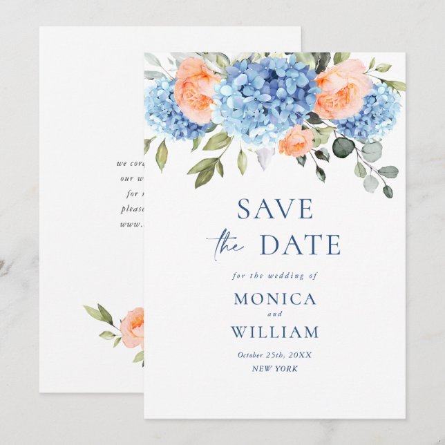 Elegant Blue Hydrangea Blush Roses Floral Wedding Save The Date (Front/Back)