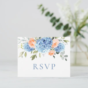 Elegant Blue Hydrangea Blush Roses Wedding RSVP Postcard