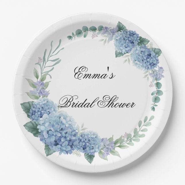 Elegant Blue Hydrangea Bridal Shower Paper Plates  (Front)