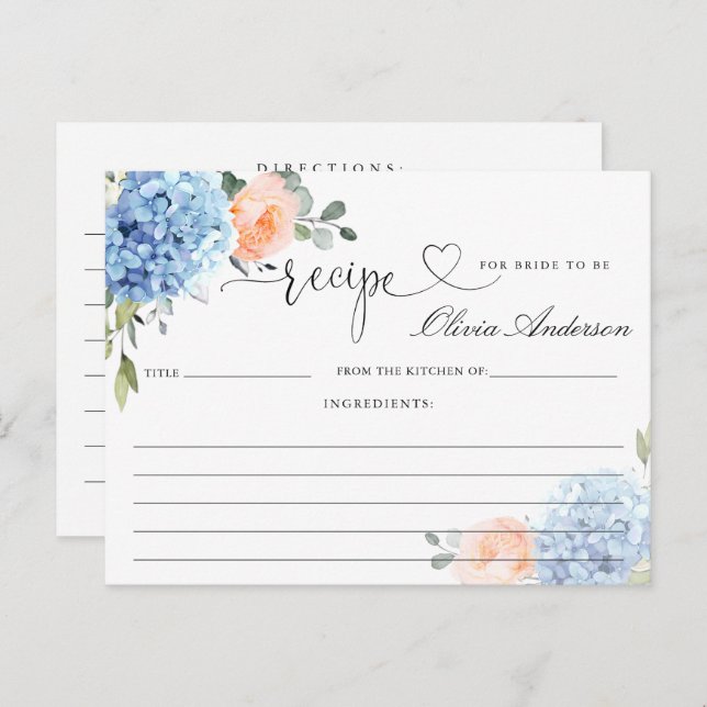 Elegant Blue Hydrangea Bridal Shower Recipe Card (Front/Back)