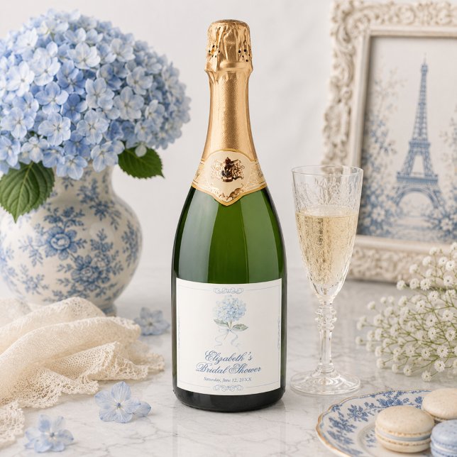 Elegant Blue Hydrangea Bridal Shower Sparkling Wine Label (Elegant Blue Hydrangea Bridal Shower Sparkling Wine Label)