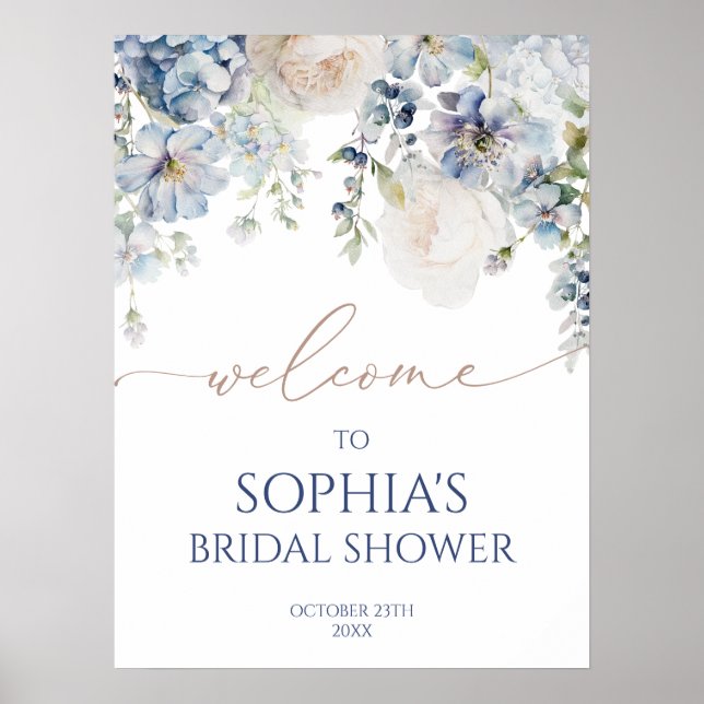 Elegant Blue Hydrangea Bridal Shower Welcome Sign (Front)