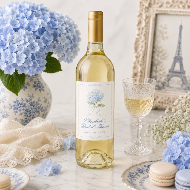 Elegant Blue Hydrangea Bridal Shower  Wine Label (Elegant Blue Hydrangea Bridal Shower Wine Label)
