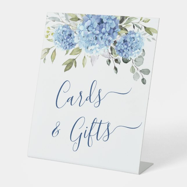 Elegant Blue Hydrangea Cards and Gifts Wedding Pedestal Sign (Front)