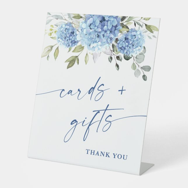 Elegant Blue Hydrangea Cards and Gifts Wedding Pedestal Sign (Front)