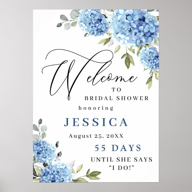 Elegant Blue Hydrangea Eucalyptus Bridal Shower Poster (Front)