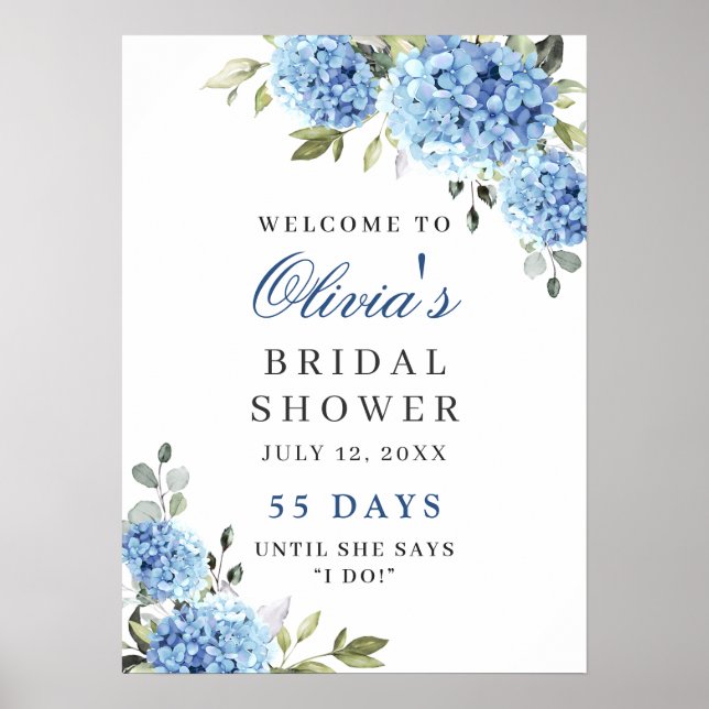 Elegant Blue Hydrangea Eucalyptus Bridal Shower Poster (Front)