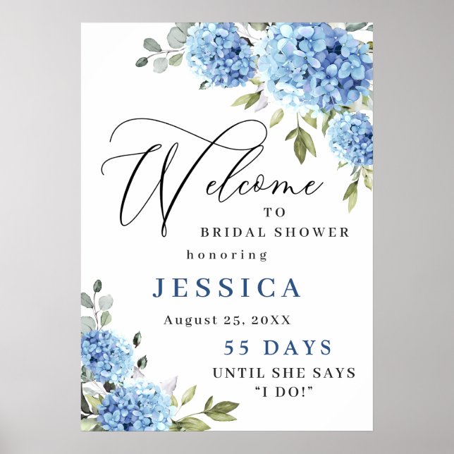 Elegant Blue Hydrangea Eucalyptus Bridal Shower Poster (Front)