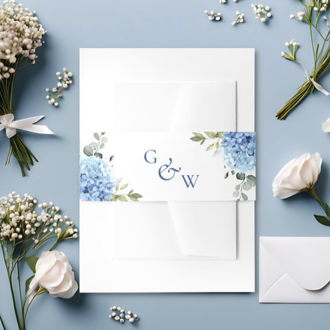 Elegant Blue Hydrangea Eucalyptus Monogram Wedding Invitation Belly Band (Creator Uploaded)