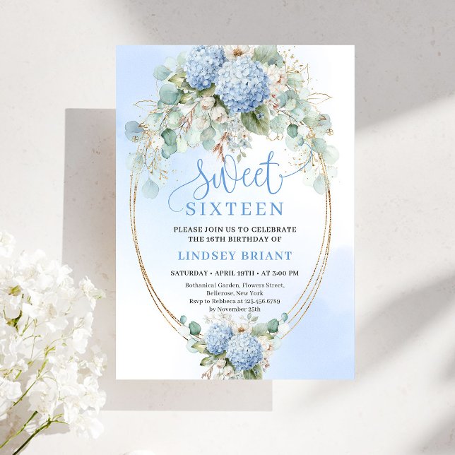 Elegant Blue Hydrangea Eucalyptus Sweet Sixteen  Invitation (Elegant Blue Hydrangea Eucalyptus Sweet Sixteen Invite)