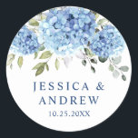 Elegant Blue Hydrangea Eucalyptus Wedding Classic Round Sticker<br><div class="desc">For further customisation,  please click the "customise further" link and use our design tool to modify this template. 
If you need help or matching items,  please contact me.</div>