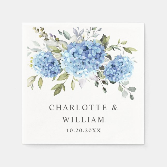 Elegant Blue Hydrangea Eucalyptus Wedding Napkin (Front)