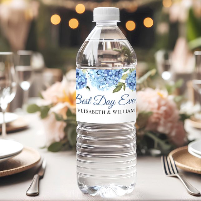 Elegant Blue Hydrangea Eucalyptus Wedding Water Bottle Label (Creator Uploaded)