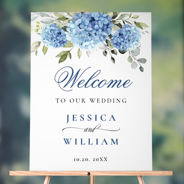 Elegant Blue Hydrangea Eucalyptus WEDDING Welcome Acrylic Sign (Neutral)