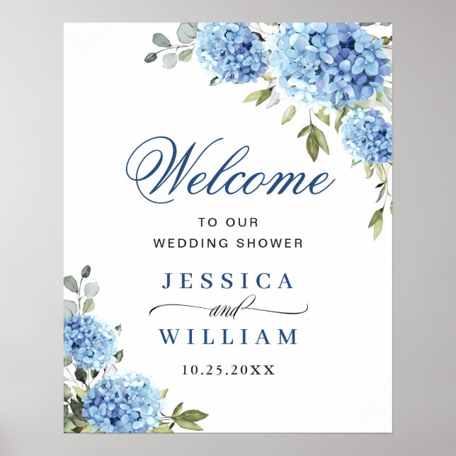 Elegant Blue Hydrangea Eucalyptus Wedding Welcome Poster (Front)