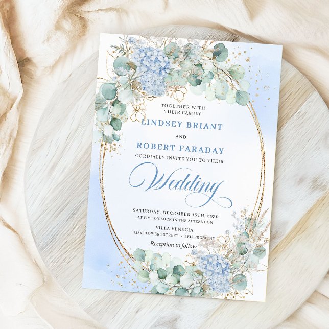 Elegant Blue Hydrangea Eucalyptus Wheat Wedding  Invitation (Elegant Blue Hydrangea Eucalyptus Wheat Wedding Invite)