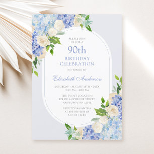 Elegant Blue Hydrangea Floral 90th Birthday Invitation