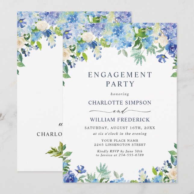 Elegant Blue Hydrangea Floral ENGAGEMENT PARTY Invitation (Front/Back)