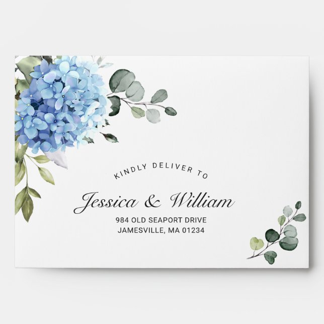 Elegant Blue Hydrangea Floral for RSVP card Envelope (Front)
