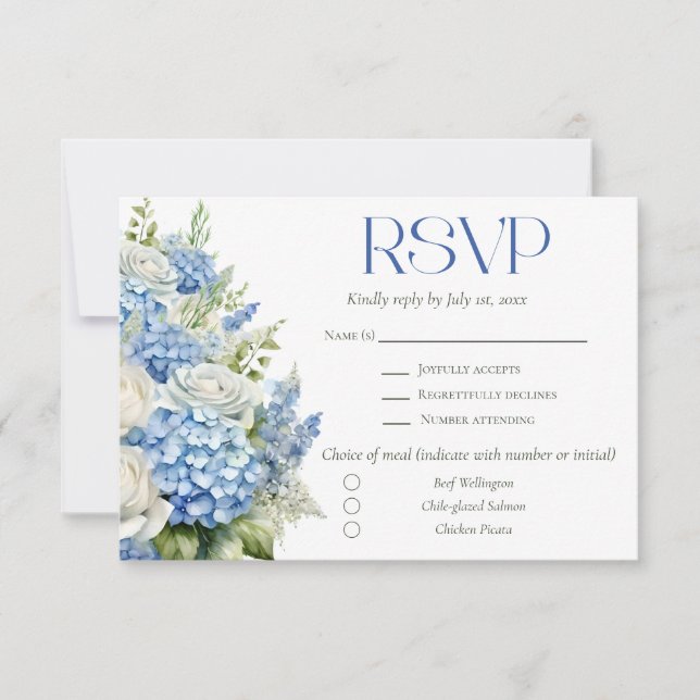 Elegant Blue Hydrangea Floral Meal Choice Wedding RSVP Card (Front)