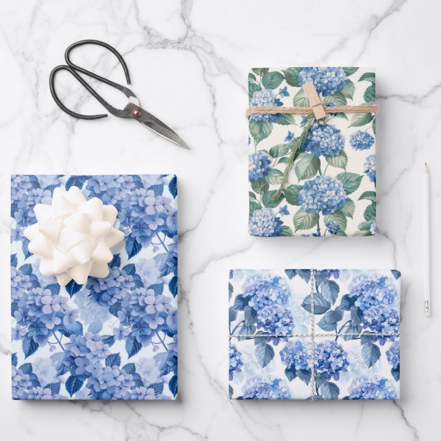 Elegant Blue Hydrangea Floral Pattern Wrapping Paper Sheet (Front)