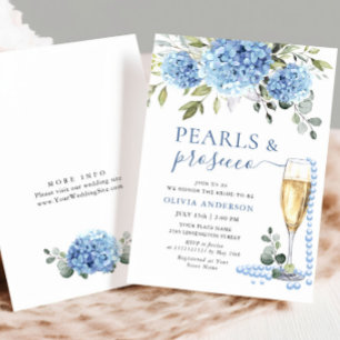 Elegant Blue Hydrangea Floral PEARLS & Prosecco Invitation