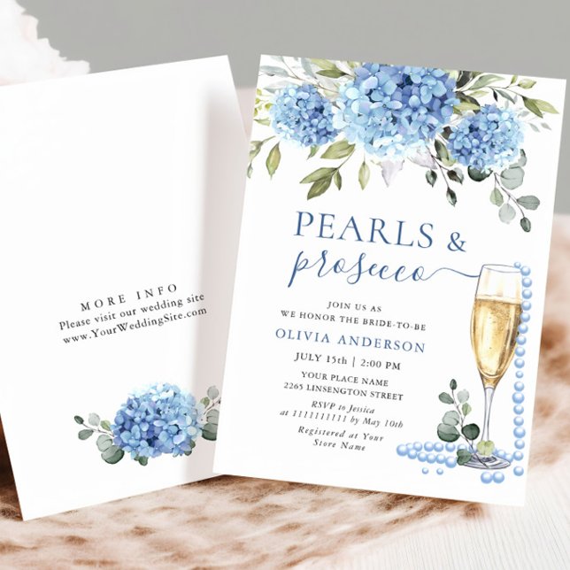 Elegant Blue Hydrangea Floral PEARLS & Prosecco Invitation (Creator Uploaded)
