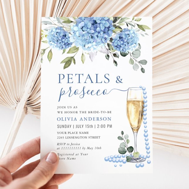 Elegant Blue Hydrangea Floral PETALS & Prosecco Invitation (Creator Uploaded)