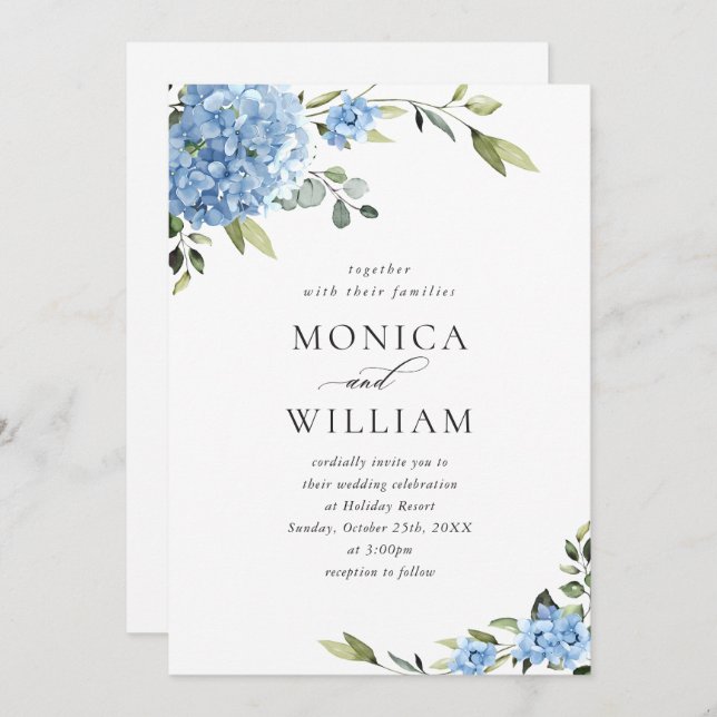 Elegant Blue Hydrangea Floral Wedding All In One Invitation (Front/Back)