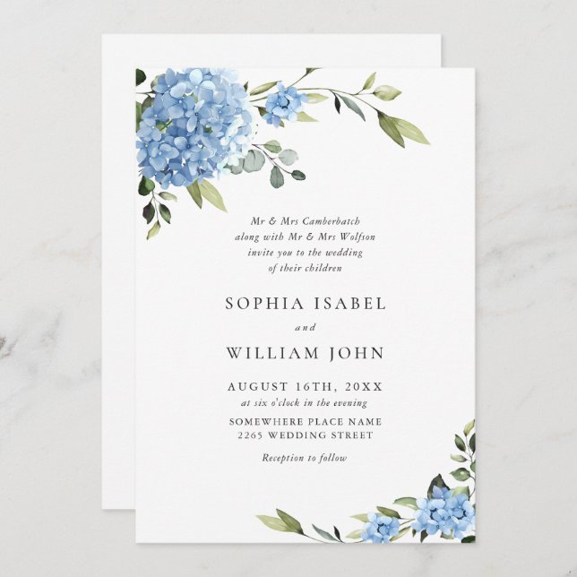 Elegant Blue Hydrangea Floral Wedding All In One Invitation (Front/Back)