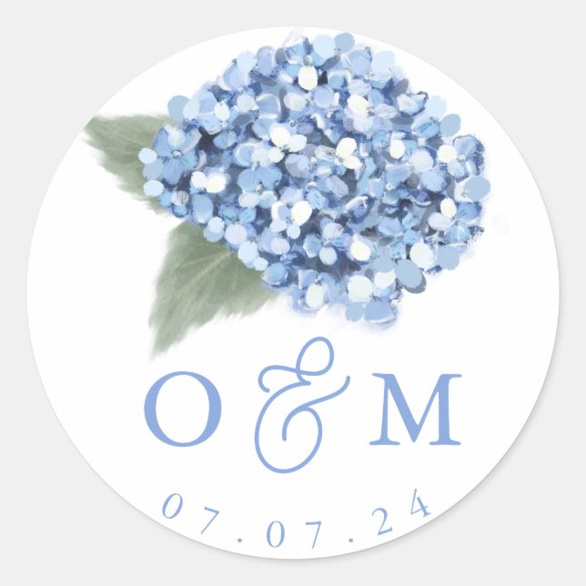 Elegant Blue Hydrangea Floral Wedding  Classic Round Sticker (Front)