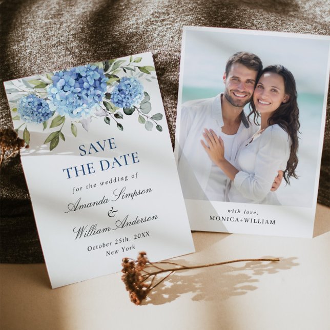 Elegant Blue Hydrangea Floral Wedding Photo Save The Date (Creator Uploaded)